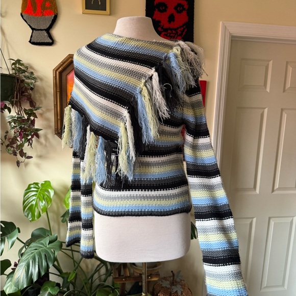 90’s Y2K Striped Fringe Sweater - Black, Blue, Green - Picture 2 of 9